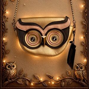 QZUNIQUE Owl Crossbody Bag - Gold and Pink with Rhinestone Eyes